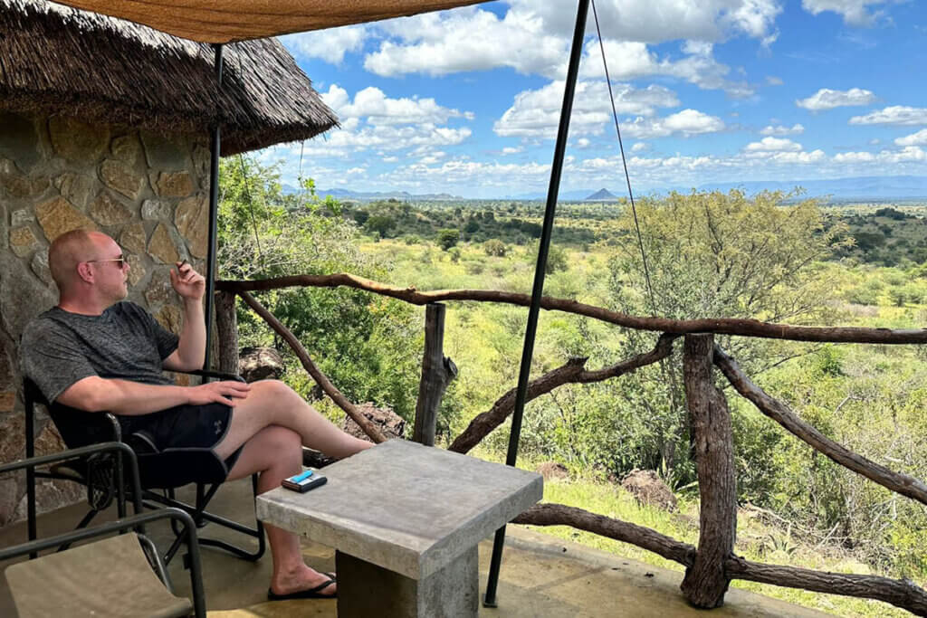 Jan Boelo overlooking the Karamoja Uganda landscape from Kidepo Savanna Lodge in Uganda