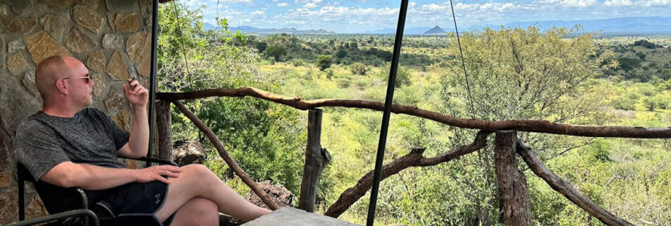 Jan Boelo overlooking the Karamoja Uganda landscape from Kidepo Savanna Lodge in Uganda