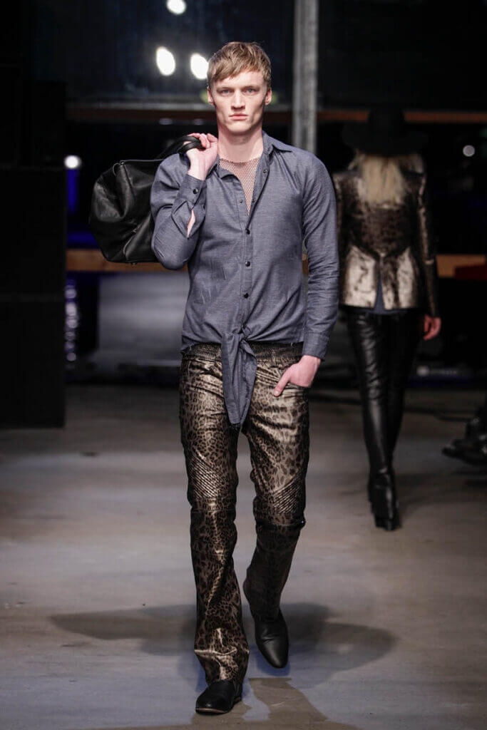 JANBOELO Fall Winter 2013 2014 collection model showing leopard print trousers