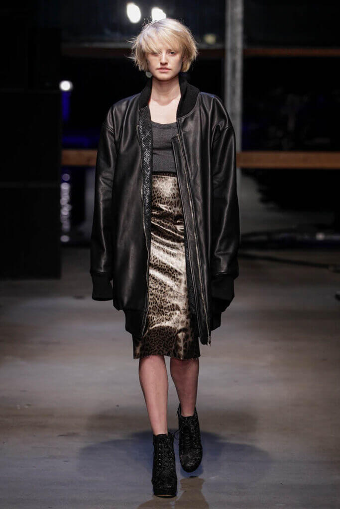 JANBOELO Fall Winter 2013 2014 collection model wearing oversized leather bomber jacket