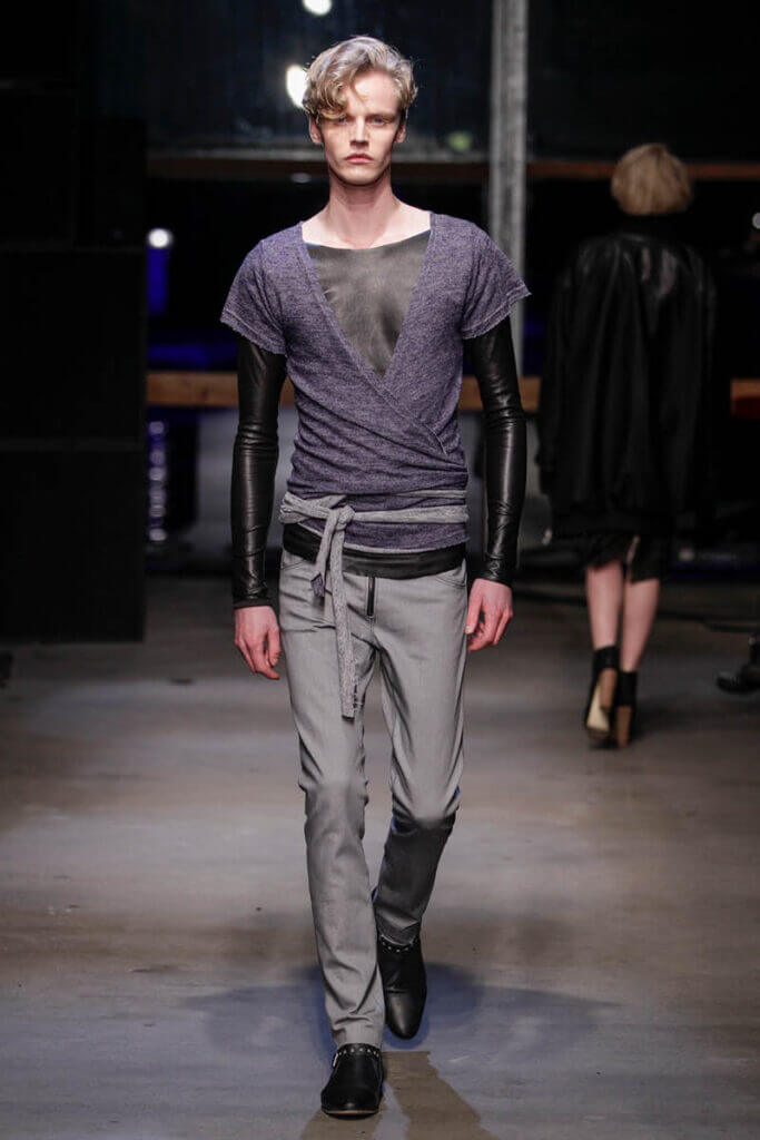 JANBOELO Fall Winter 2013 2014 collection model showing leather top and jersey shirt