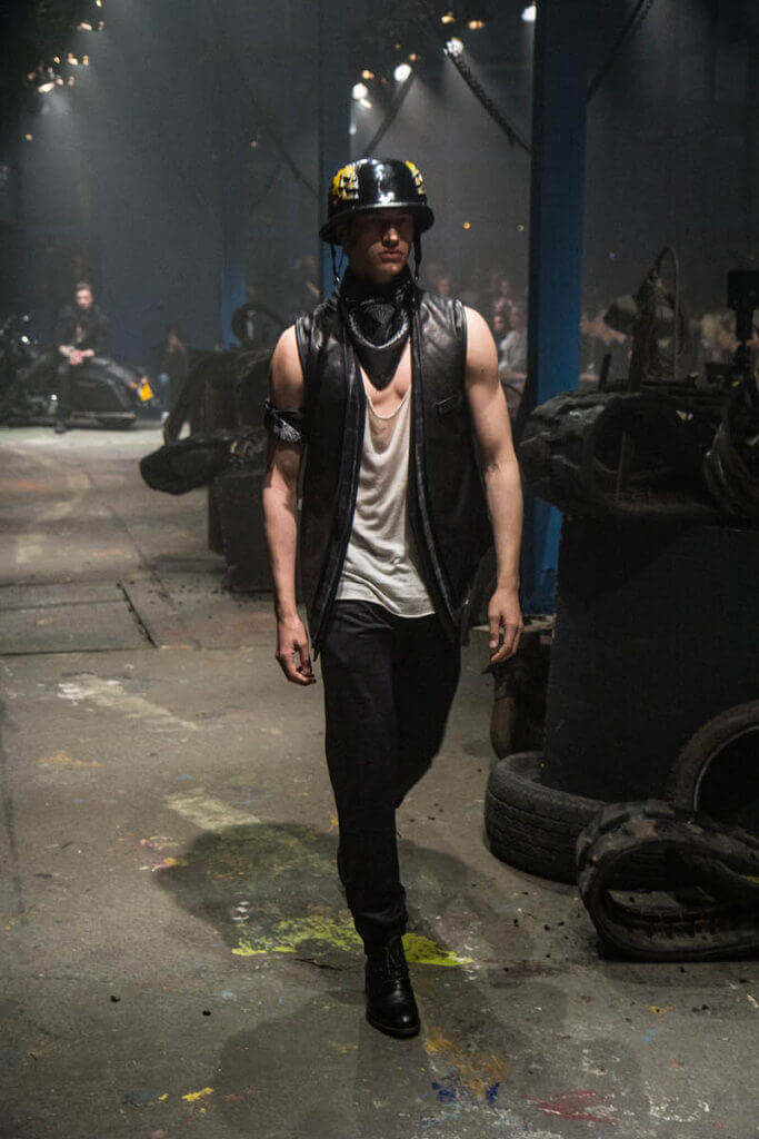 JANBOELO Fall Winter 2015 collection presentation at Paradigm Groningen, Model in leather outfit with helmet