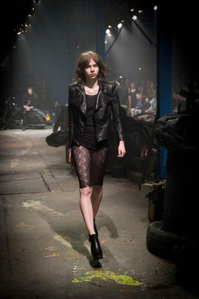 JANBOELO Fall Winter 2015 collection presentation at Paradigm Groningen, Model in lace skirt and leather jacket