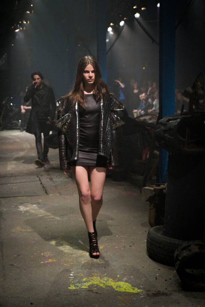 JANBOELO Fall Winter 2015 collection presentation at Paradigm Groningen, Model in leather dress and silver leather croco coat