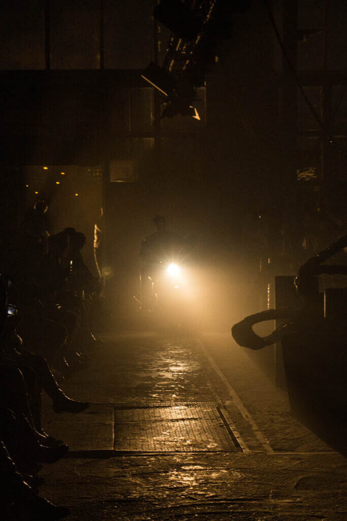 JANBOELO Fall Winter 2015 collection presentation at Paradigm Groningen, Model entering the building on a motor
