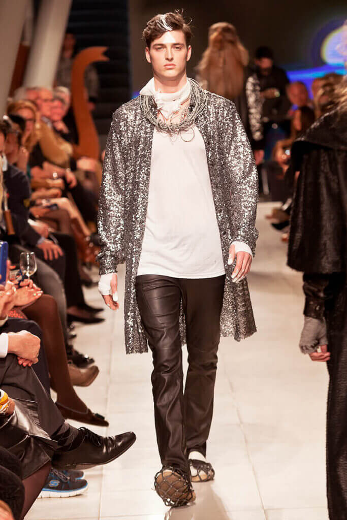 JANBOELO Fashion Show fall winter 2016 look 31, model in pailetted shirt and leather trousers
