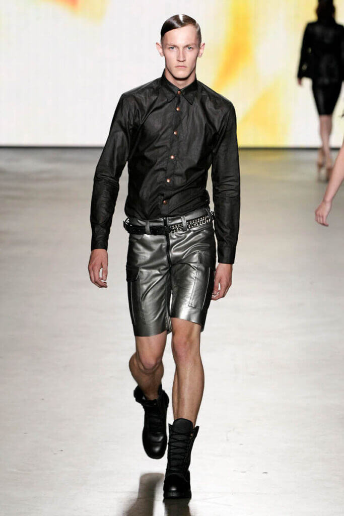 JANBOELO show Spring Summer 2013 collection model in shiny denim and shirt