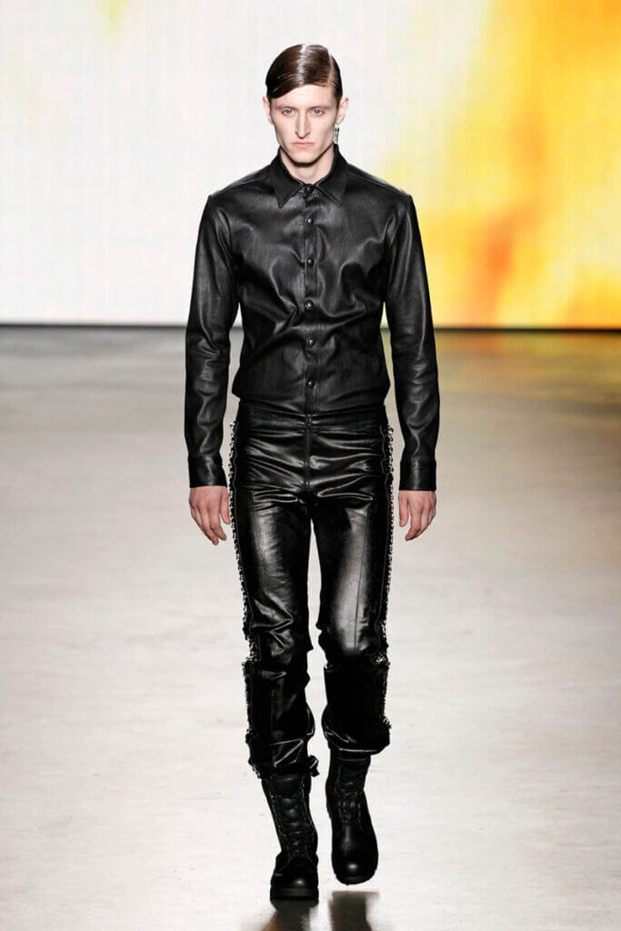 JANBOELO show Spring Summer 2013 collection Model in black leather outfit walking