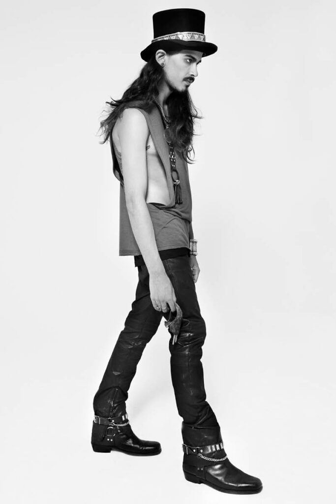 JANBOELO lookbook shot by Robin de Puy for spring summer collection look 10, Stylish model in edgy monochrome outfit.