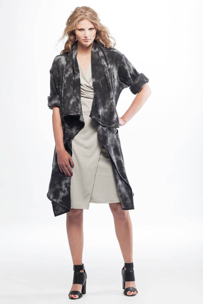 JANBOELO lookbook Spring summer 2017 look 11, Model in stylish grey cardigan with sand dress.