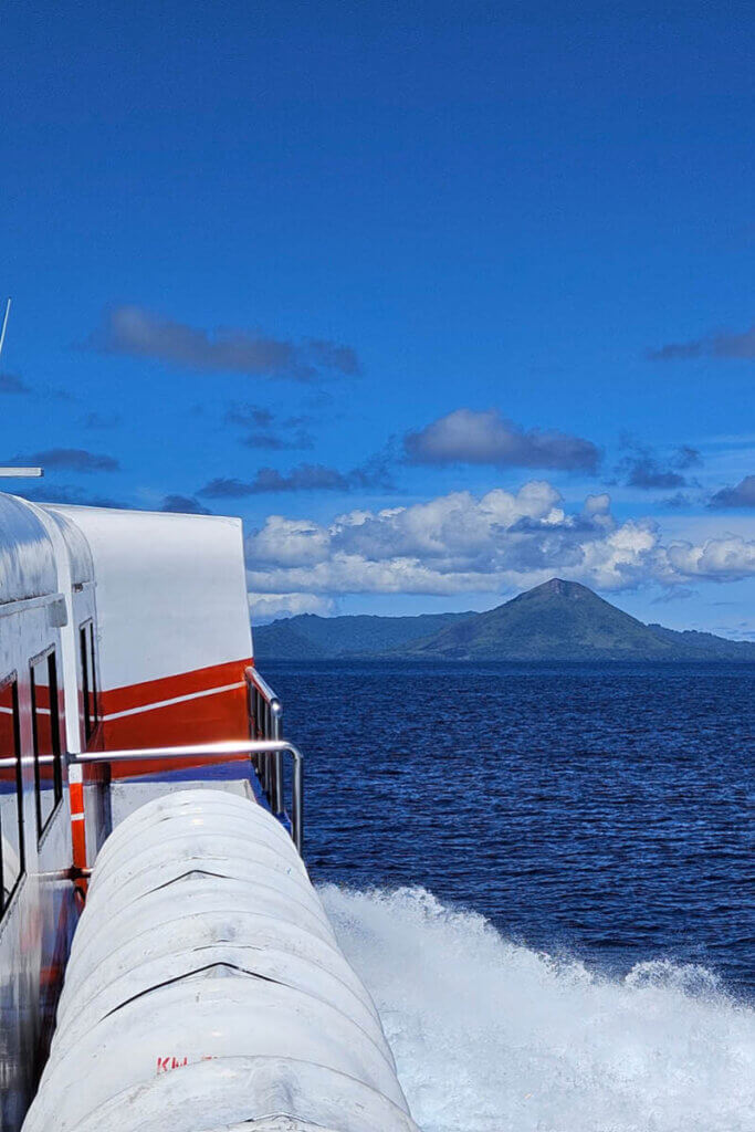 best time to visit the Moluccas while approaching Banda Neira by ferry across the Banda Sea