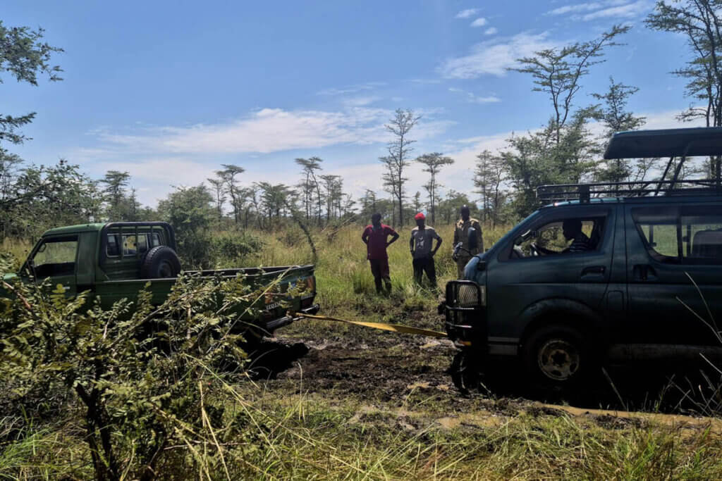 UWA pulling our car out when we were stuck in Pian Upe Wildlife Reserve Karamoja Uganda