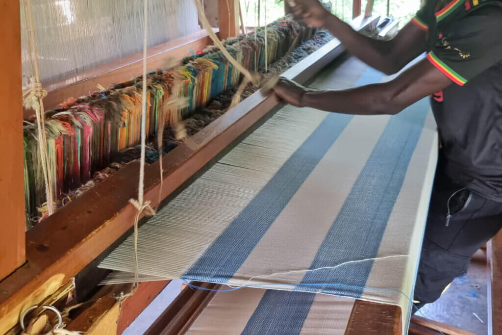 Handwoven cloth in a weaving workshop in Jinja Uganda
