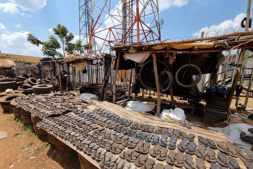 Finished handmade tyre sandals in Uganda