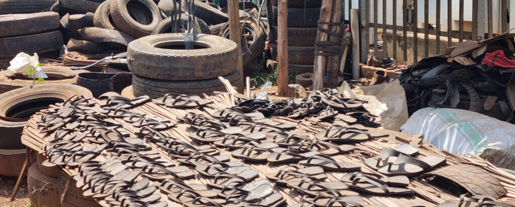Handmade sandals in Uganda made from recycled tyres in Masindi market